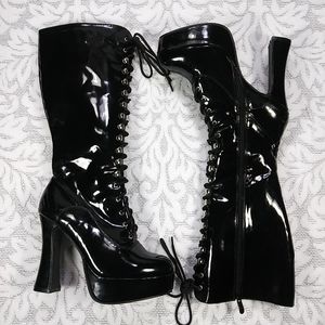 Ellie Knee High Lace Up Patent Boots